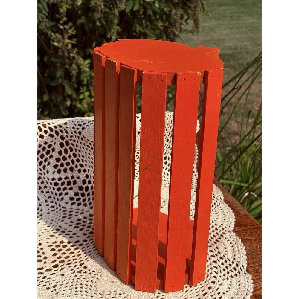 Vintage Wooden Pumpkin  Slat Basket Orange Treats Decor Halloween